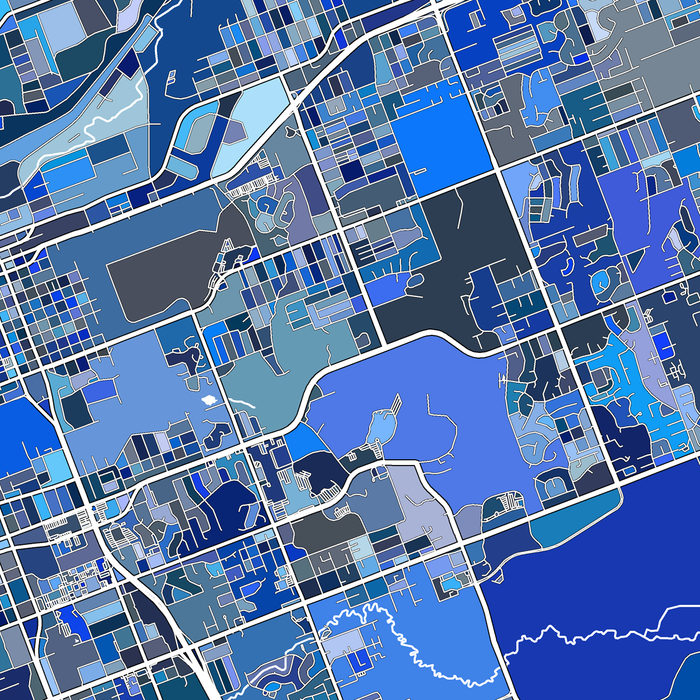 Map with a grid of blue and black squares, likely representing a census tract map.