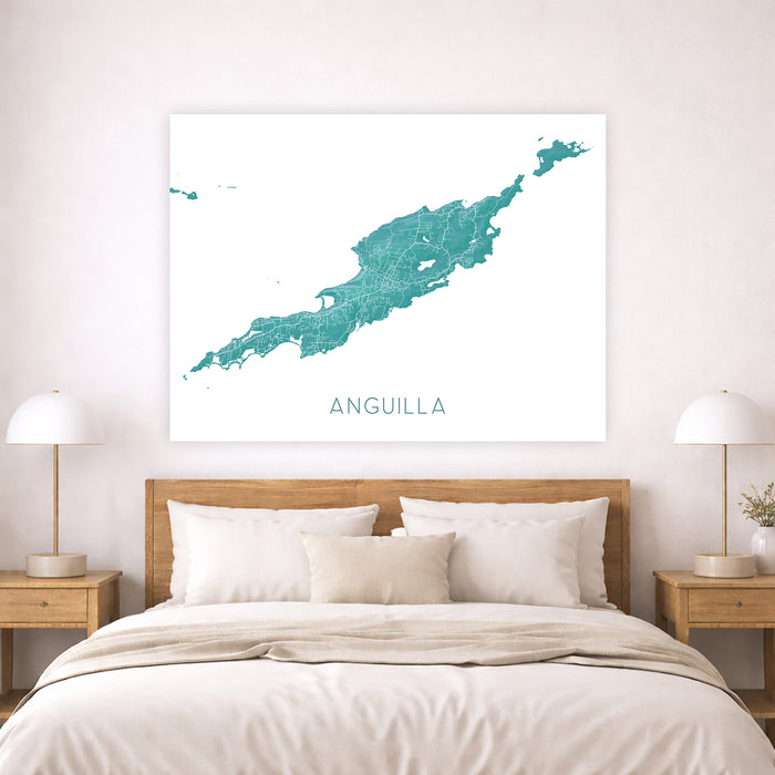 Map of Anguilla on a wall above a bed in a bedroom