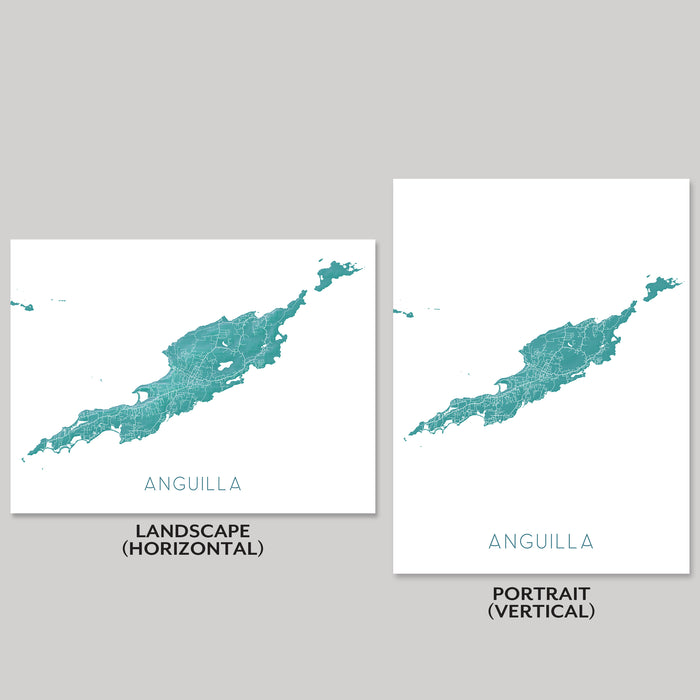 Two maps of Anguilla, one in landscape and one in portrait orientation, on a gray background.