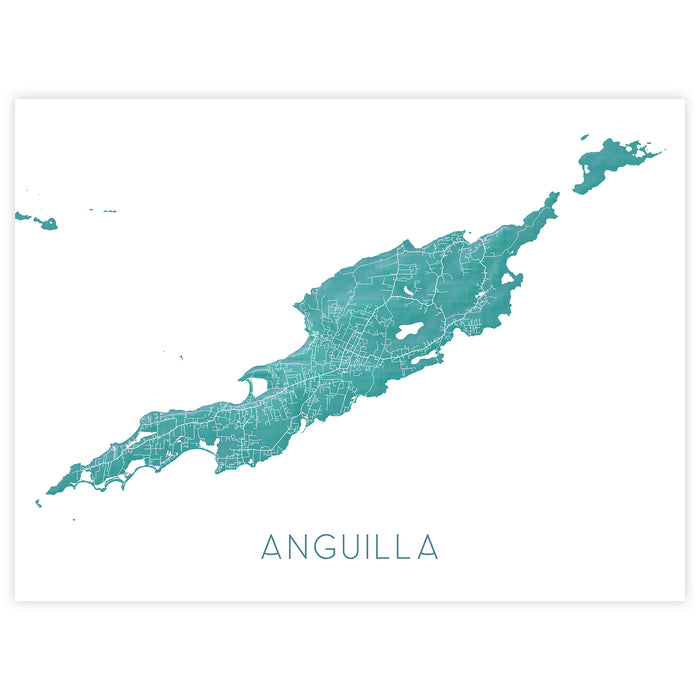 Map of Anguilla in teal color on a white background