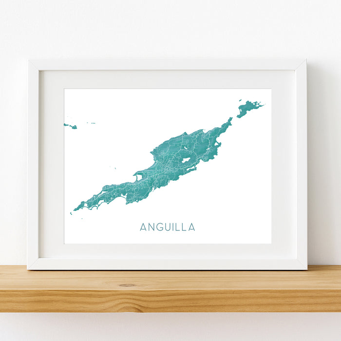 Framed map of Anguilla on a white wall