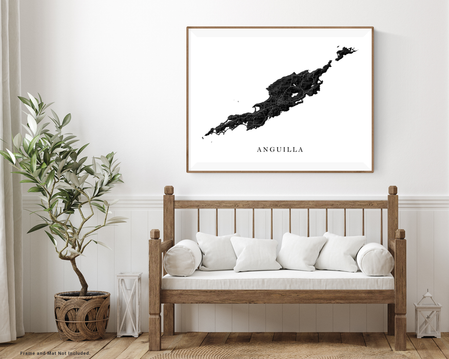 Anguilla island map print with a black and white topographic landscape design by Maps As Art.