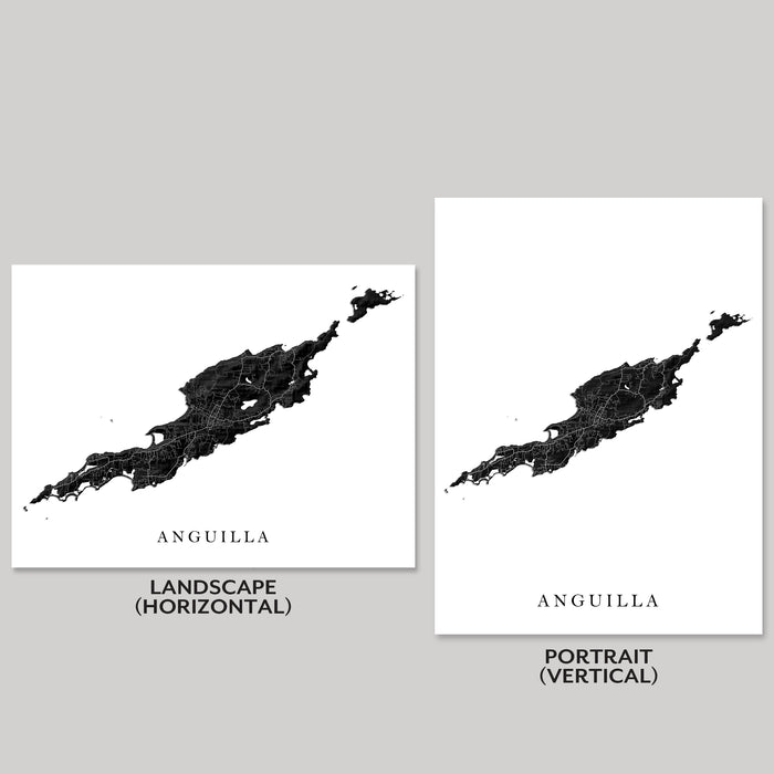 Two black and white maps of Anguilla, one in landscape and one in portrait orientation, on a gray background.