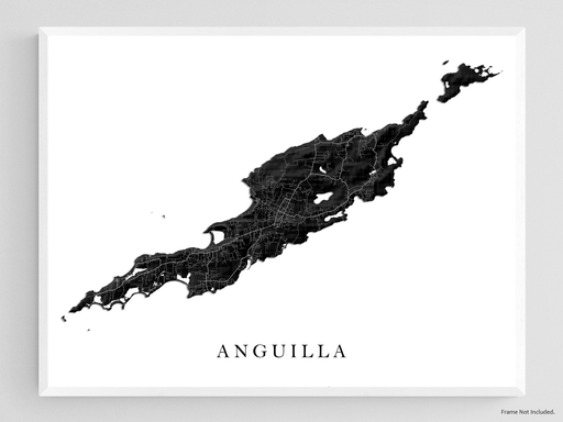 Anguilla island map print with a black and white topographic landscape design by Maps As Art.