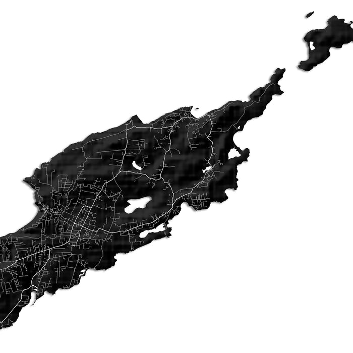Map of a coastal region with roads and boundaries on a white background