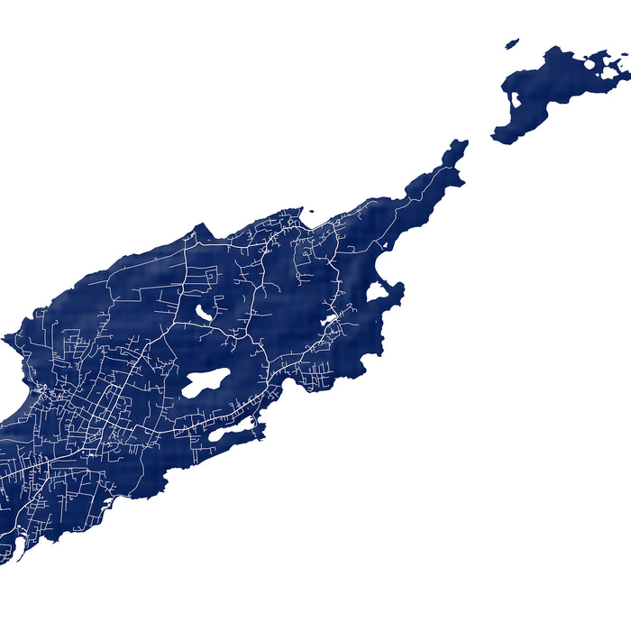 Map of a region in dark blue with white roads and boundaries on a white background