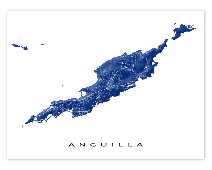 Anguilla map print close-up with natural landscape and main roads from Maps As Art.