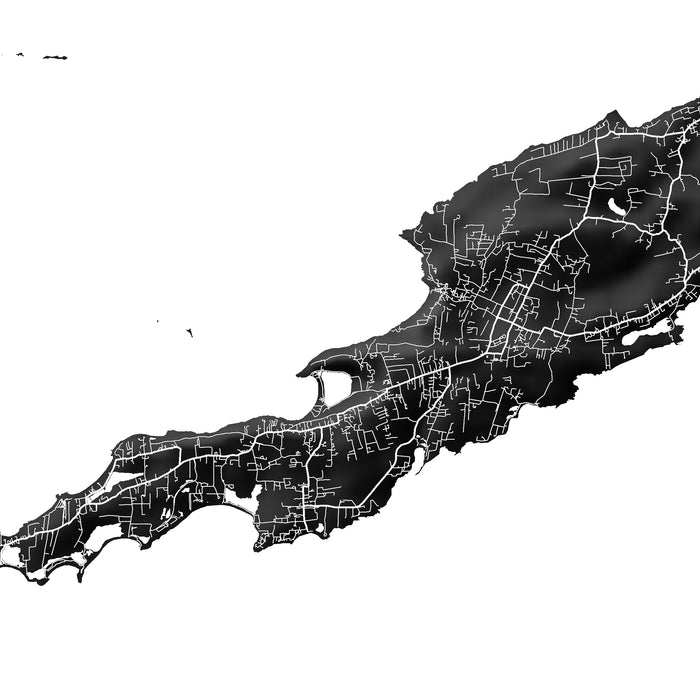 Map of a coastal region with roads and boundaries on a white background