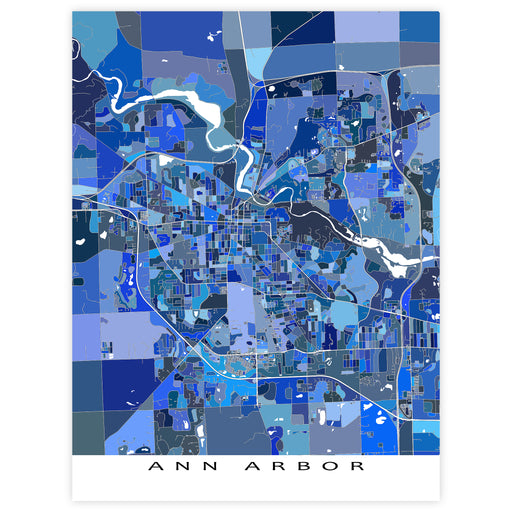 Map of Ann Arbor in blue and black colors on a white background
