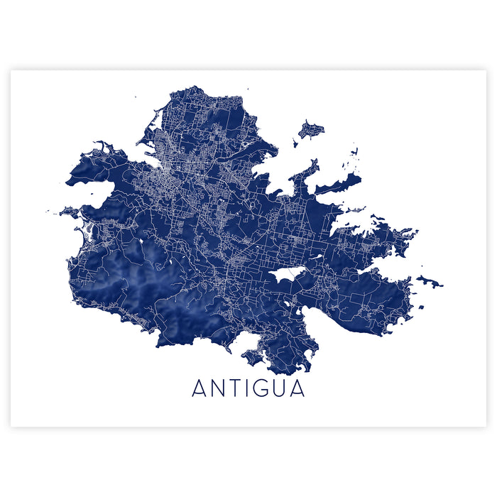 Map of Antigua in blue on a white background