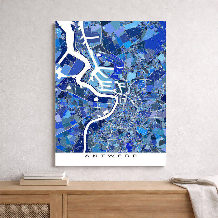 Map of Antwerp in blue and white on a wall above a wooden shelf.