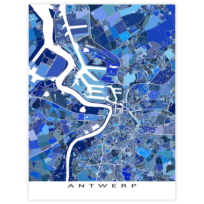 Map of Antwerp in blue tones on a white background