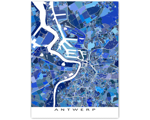 Antwerp, Belgium map art print in blue shapes designed by Maps As Art.
