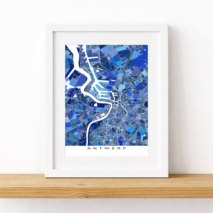 Framed map of Antwerp with a blue mosaic design on a white background