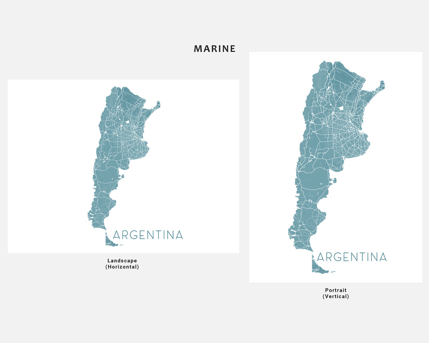 Two maps of Argentina in marine color with 'Landscape' and 'Portrait' orientations.