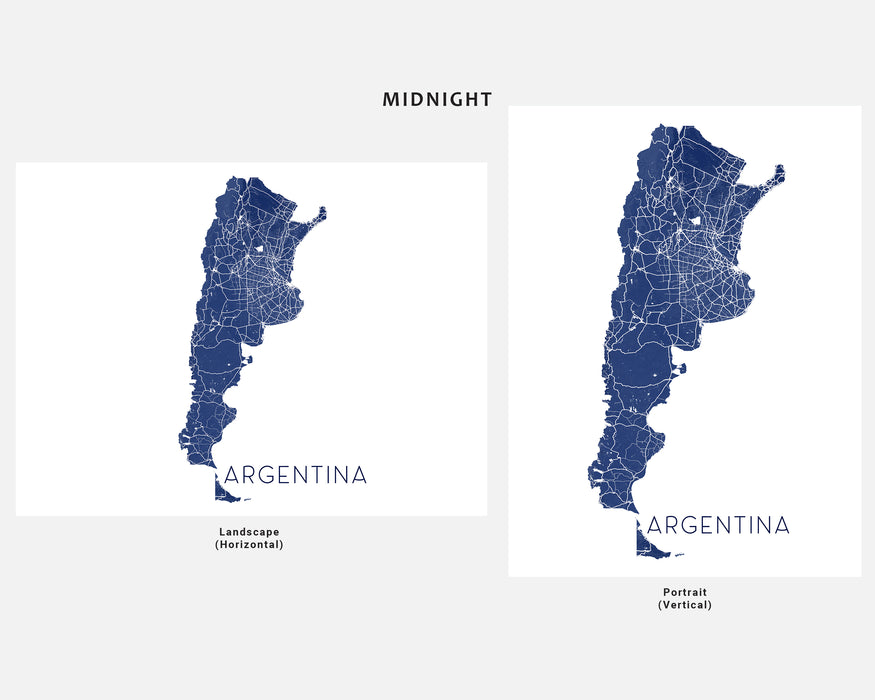 Two maps of Argentina displayed side by side, one in landscape and one in portrait orientation.