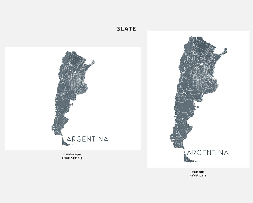 Two maps of Argentina in slate color with 'Argentina' text below each map.