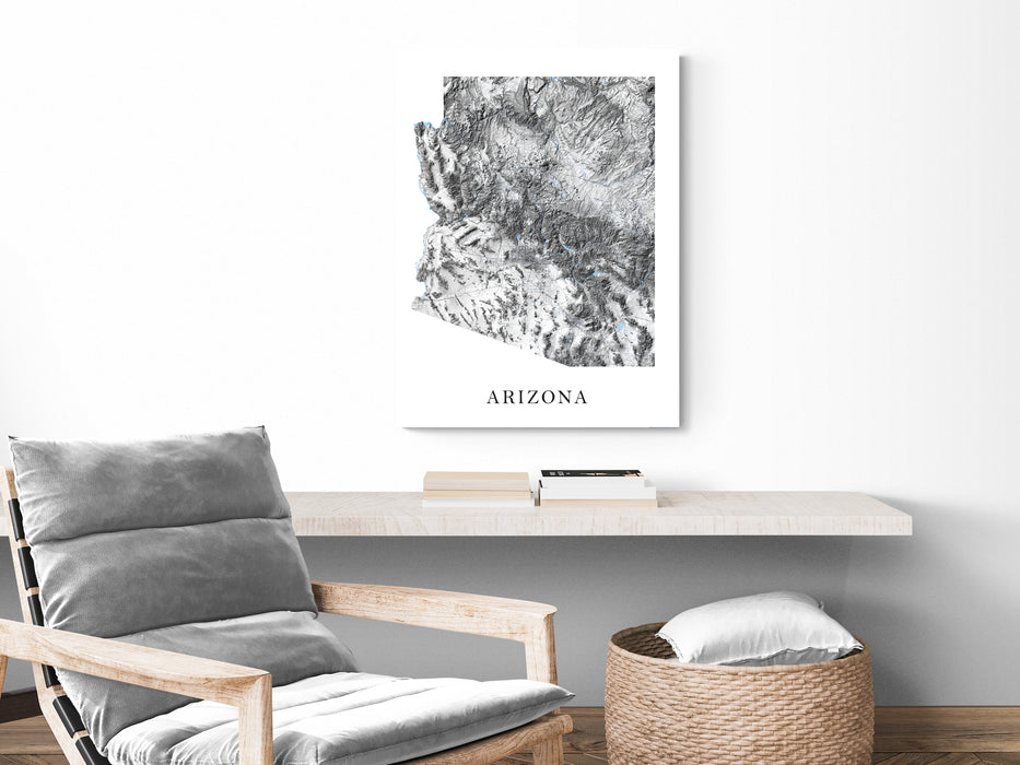 Arizona state map print with a black and white topographic design by Maps As Art.
