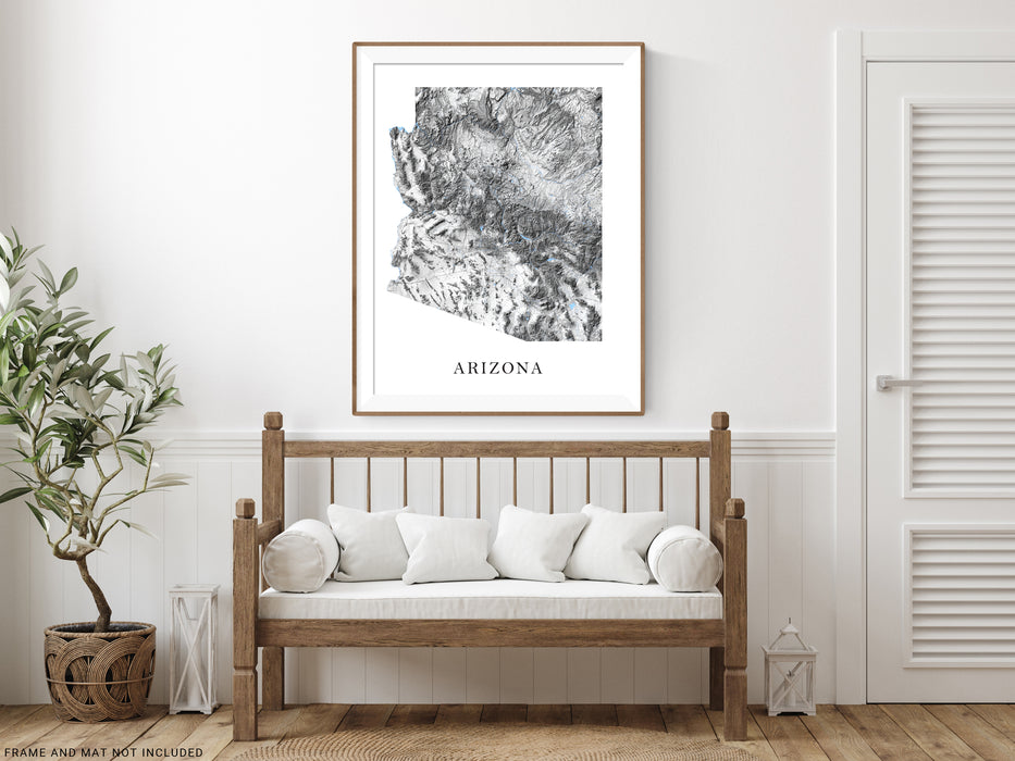 Arizona state map print with a black and white topographic design by Maps As Art.