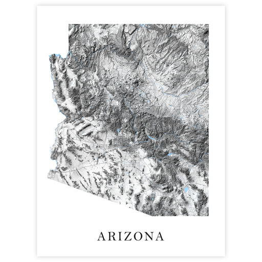 Topographic map of Arizona with the word 'Arizona' at the bottom.