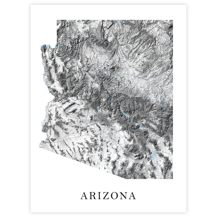 Topographic map of Arizona with the word 'Arizona' at the bottom.