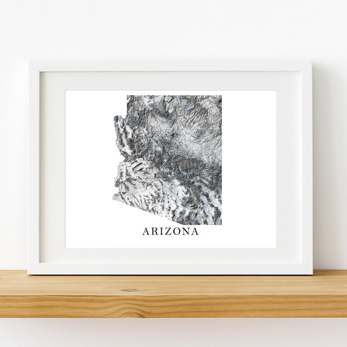 Framed map print of Arizona on a white wall