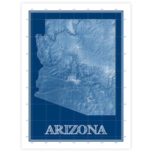 Topographic map of Arizona with 'Arizona' text on a blue background