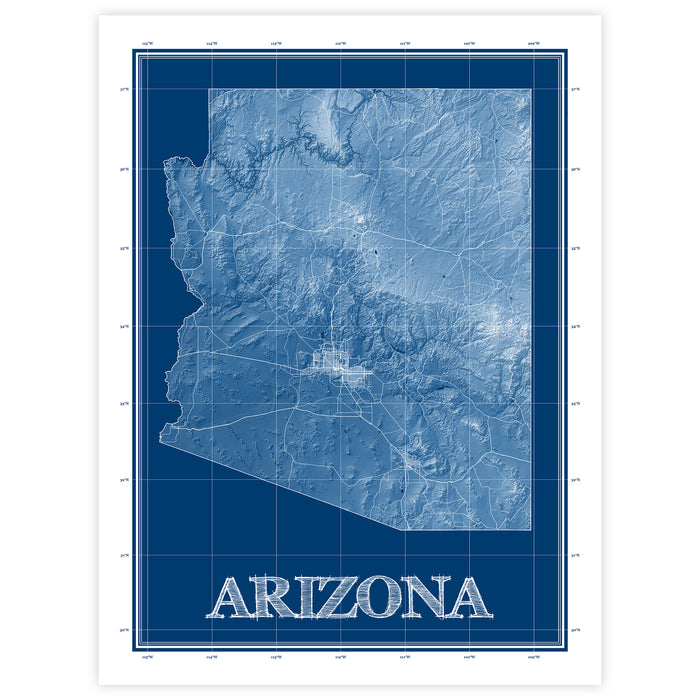 Topographic map of Arizona with 'Arizona' text on a blue background