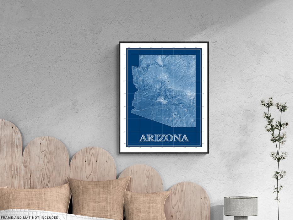 Arizona state blueprint map art print designed by Maps As Art.