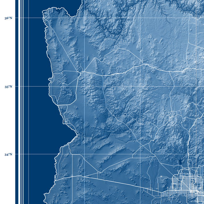 Topographic map of a region with a blue color scheme