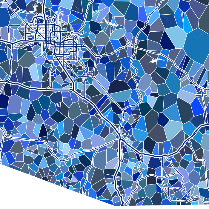 Map of a city with a blue mosaic pattern