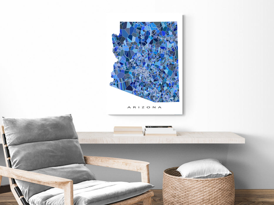 Arizona state map art print in blue shapes designed by Maps As Art.