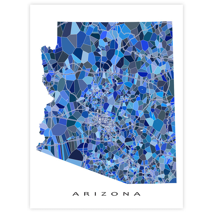 Map of Arizona with a blue mosaic pattern on a white background