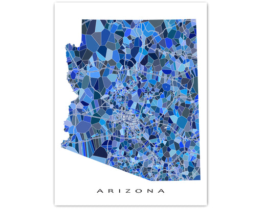 Arizona state map art print in blue shapes designed by Maps As Art.