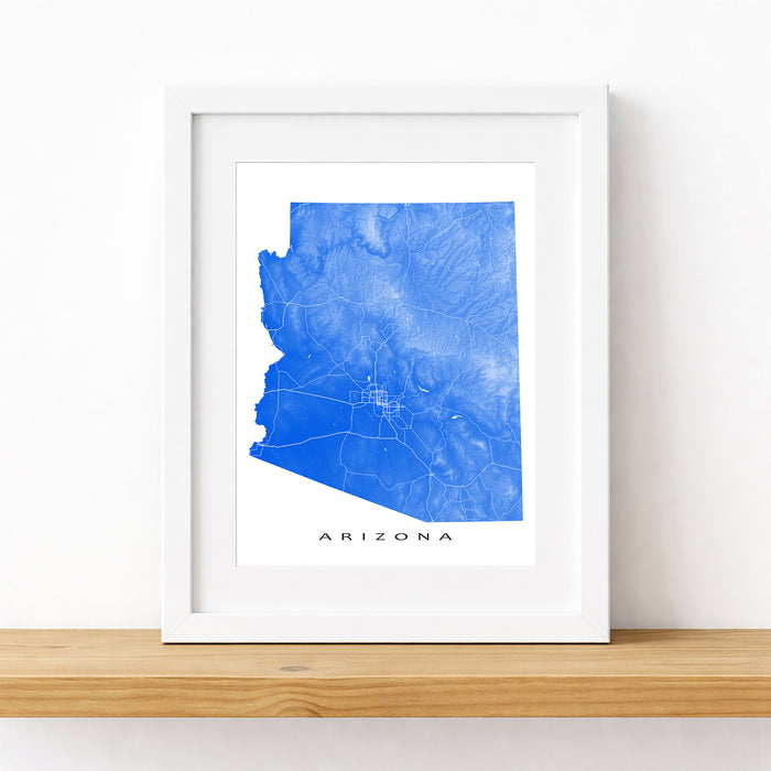 Framed map of Arizona with a blue color scheme on a white background