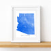 Framed map of Arizona with a blue color scheme on a white background
