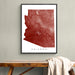 Framed map of Arizona on a wall above a wooden bench.
