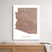 Framed map of Arizona on a wall above a wooden shelf.