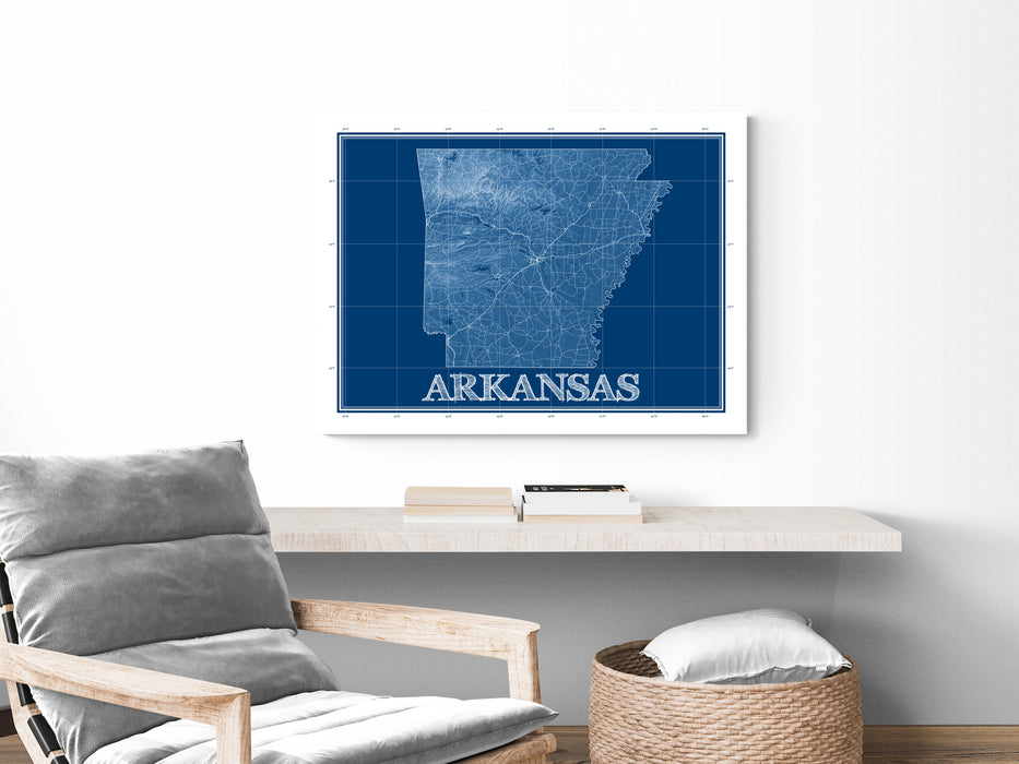 Arkansas state blueprint map art print designed by Maps As Art.
