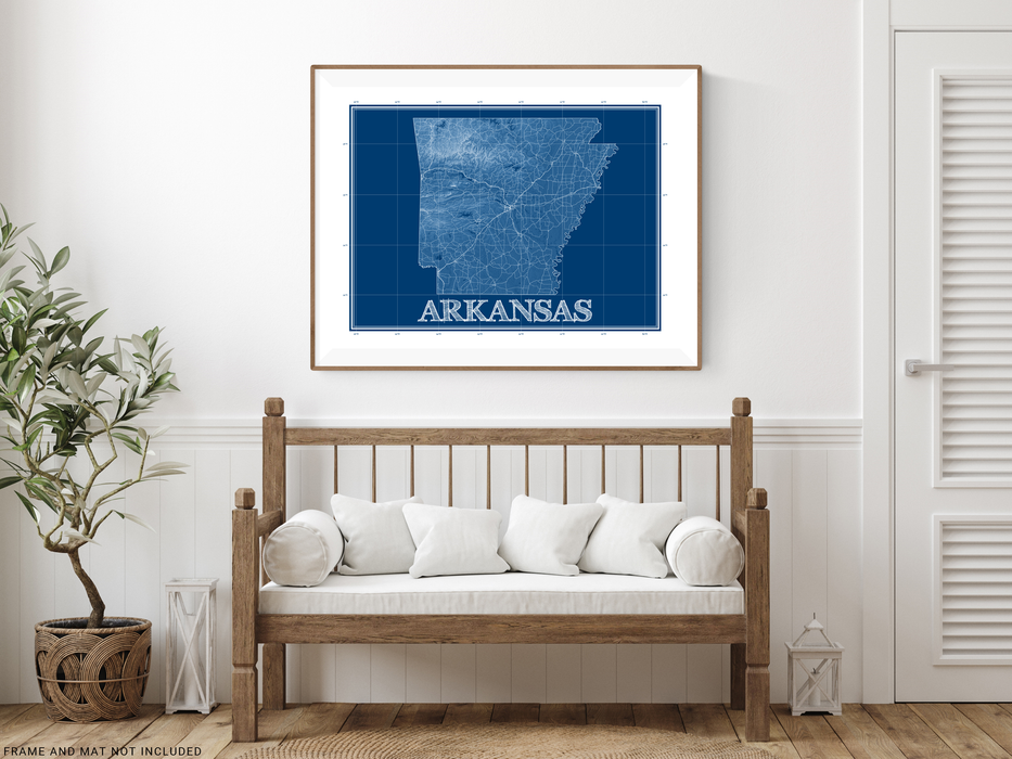 Arkansas state blueprint map art print designed by Maps As Art.