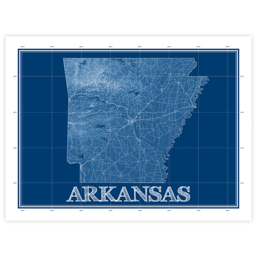 Map of Arkansas in blue with grid lines on a white background