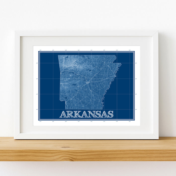 Framed map of Arkansas on a white wall