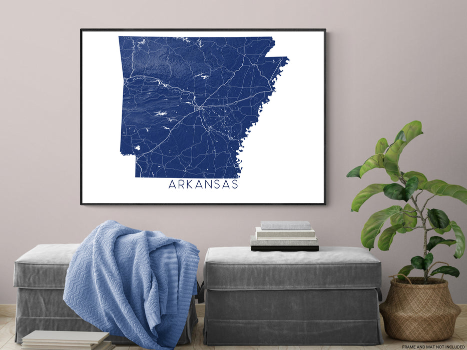 Arkansas state map print with a 3D topographic landscape design by Maps As Art.