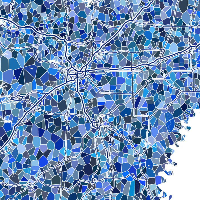 Map of a city with a mosaic of blue hexagonal tiles