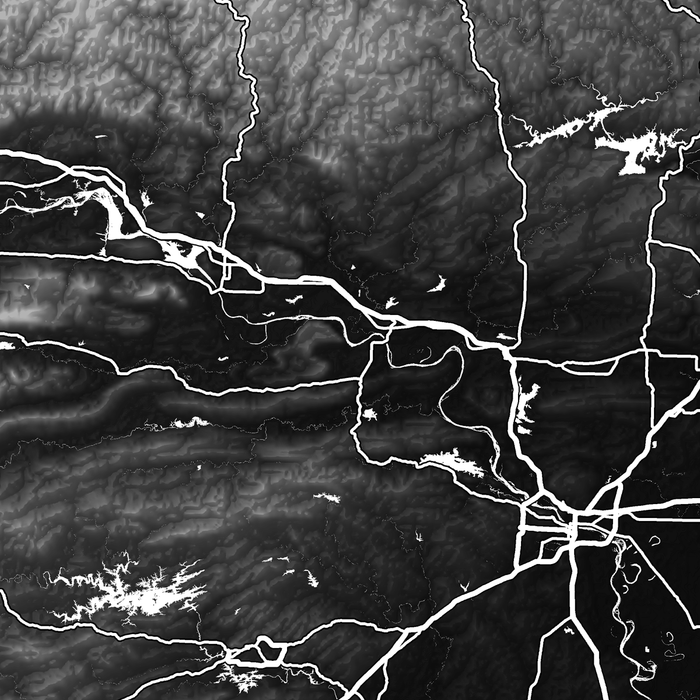 Topographic map with white lines and patterns on a black background