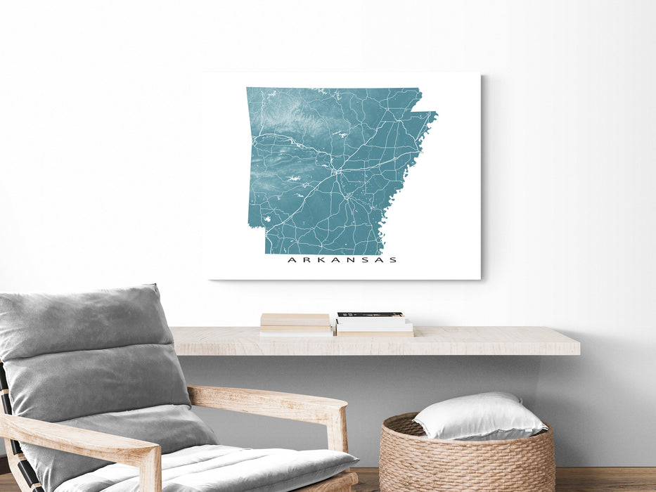 Arkansas map print with natural landscape and main roads designed by Maps As Art.