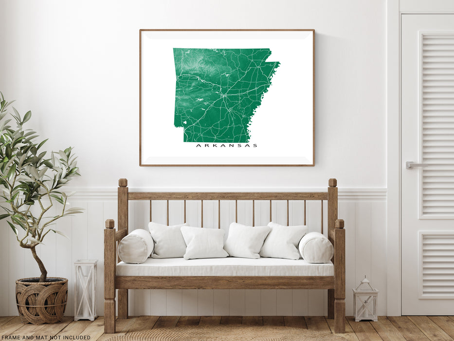 Arkansas map print with natural landscape and main roads designed by Maps As Art.