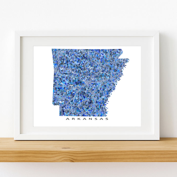 Framed map of Arkansas with a blue mosaic pattern on a white background