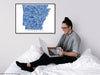 Arkansas state map art print in blue shapes designed by Maps As Art.