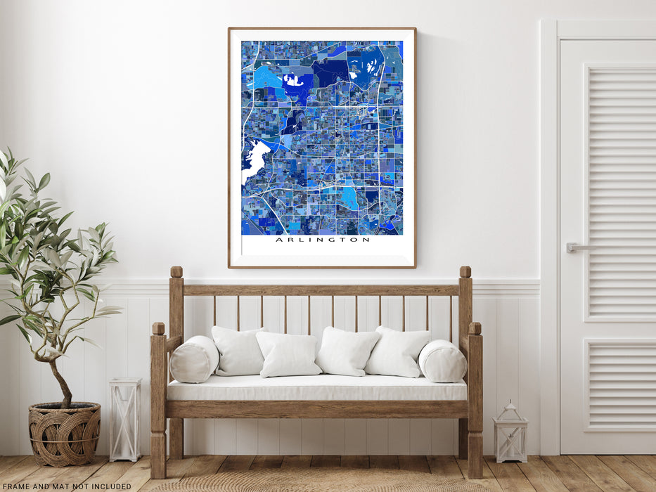 Arlington, Texas map art print in blue shapes designed by Maps As Art.